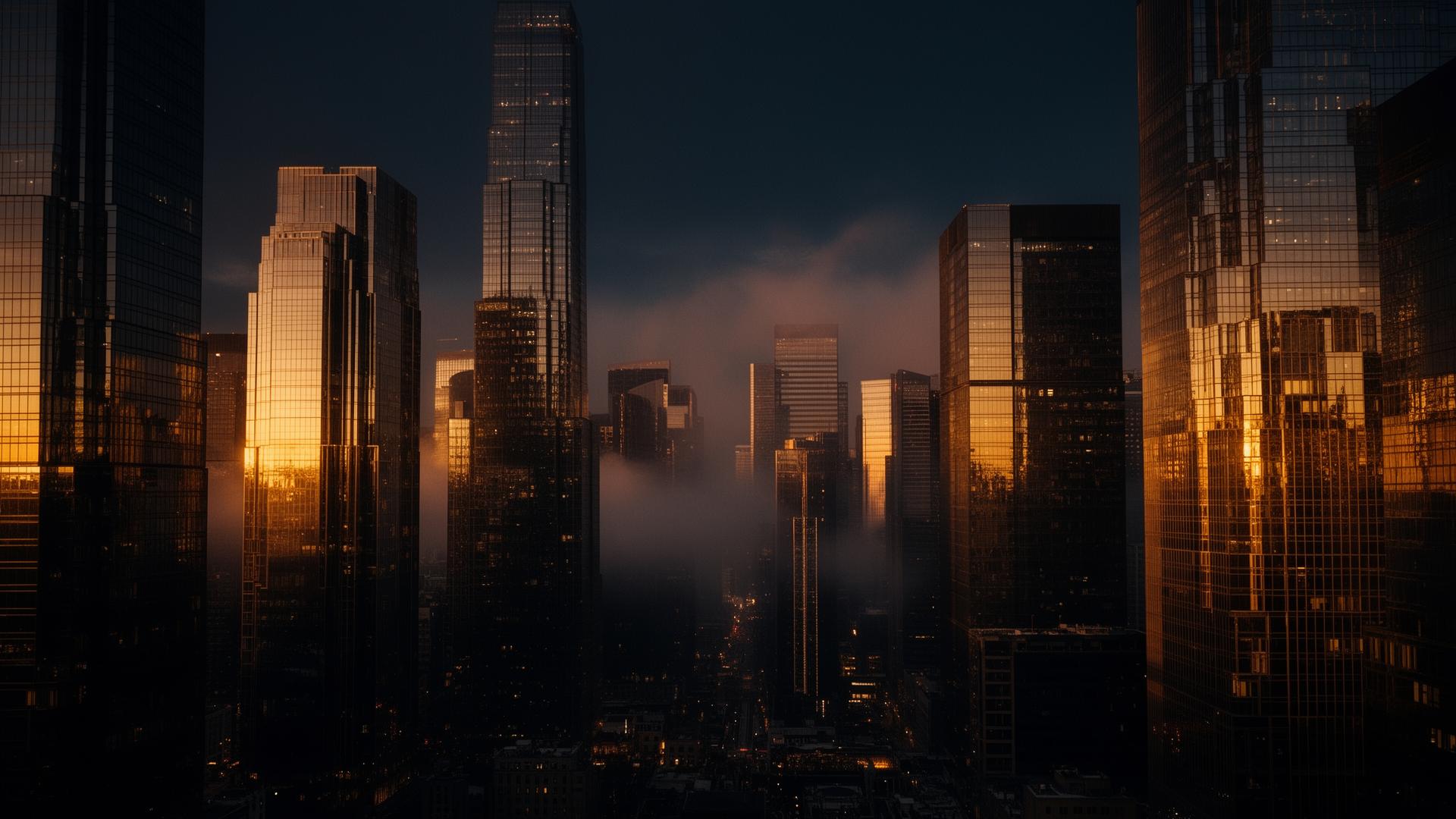Cinematic skyline of supertall towers at dusk